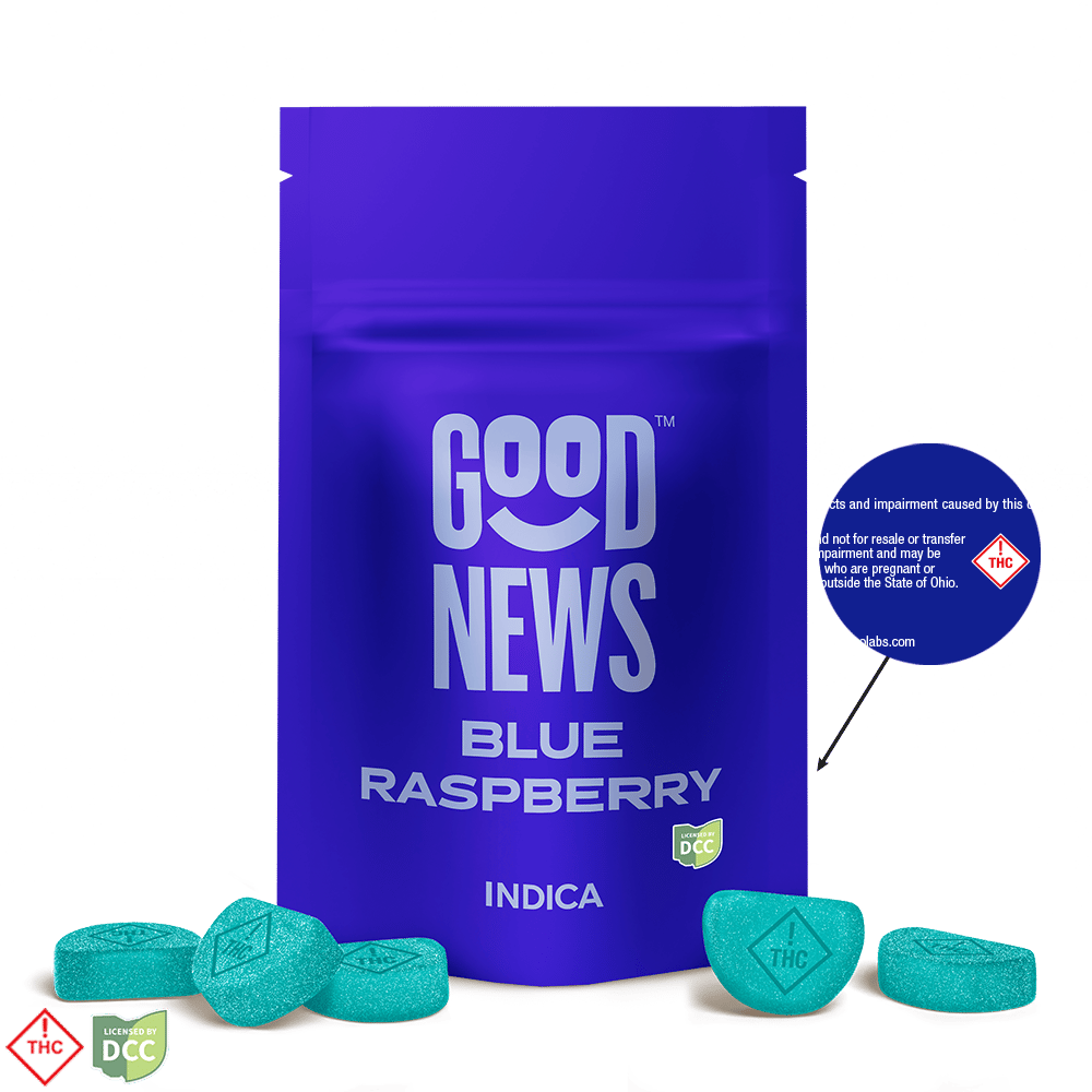 GOOD NEWS BLUE RASPBERRY GUMMIES - EDIBLE - 10PK - INDICA - THC: 100.35MG CBD: 0MG GOOD NEWS BLUE RASPBERRY GUMMIES - EDIBLE - 10PK - INDICA - THC: 100.35MG CBD: 0MG
