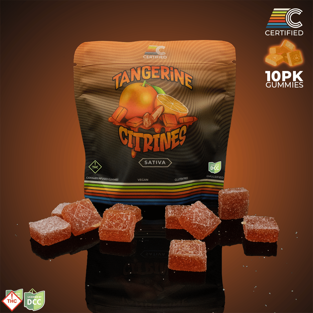 TANGERINE CITRINE GUMMIES - EDIBLE - 10PK - SATIVA - THC: 91.8MG CBD: 0MG TANGERINE CITRINE GUMMIES - EDIBLE - 10PK - SATIVA - THC: 91.8MG CBD: 0MG