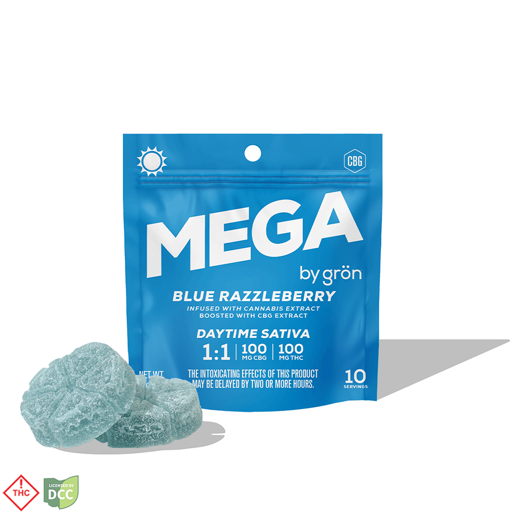 1:1 Blue Razzleberry Mega Pearl [2pk, 10 Servings] (100mg THC/100mg CBG)