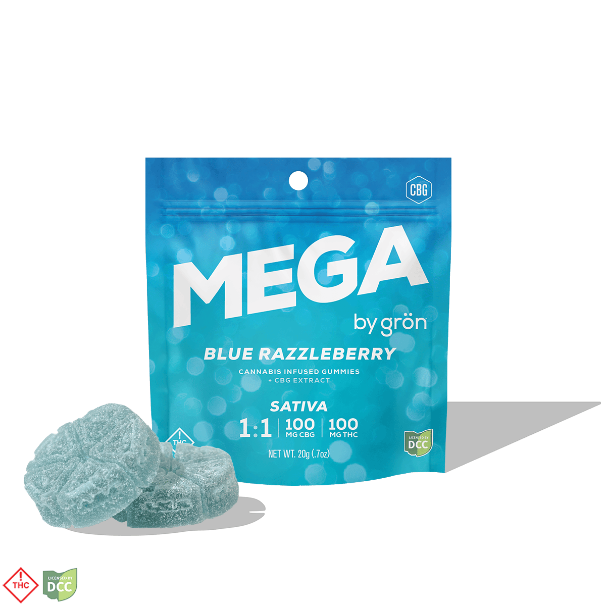 1:1 Blue Razzleberry Mega Pearl [2pk, 10 Servings] (110mg THC/110mg CBG)