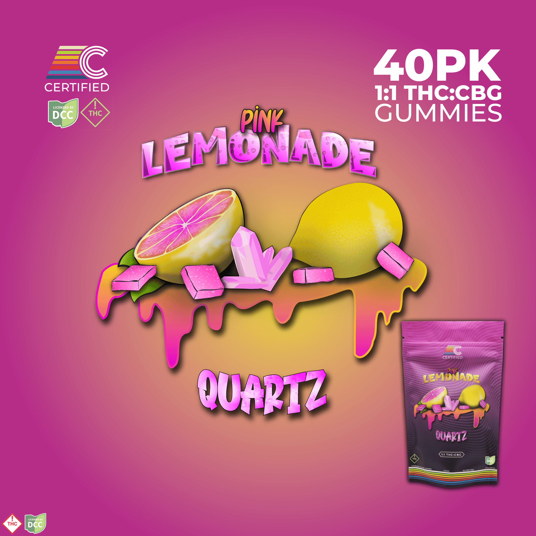1:1 CBG Pink Lemonade Quartz Gems [40pk] (440mg THC/440mg CBG)