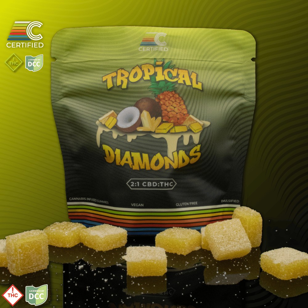 2:1 Tropical Diamonds (192mg CBD/99mg THC), 10 pieces