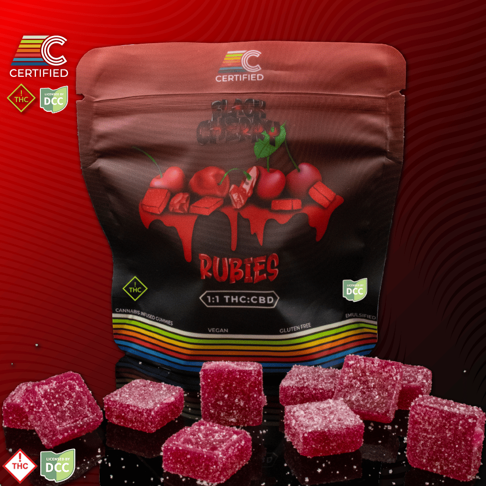 1:1 Low-Potency Black Cherry Rubies [20pk] (100.3mg CBD/101.15mg THC)