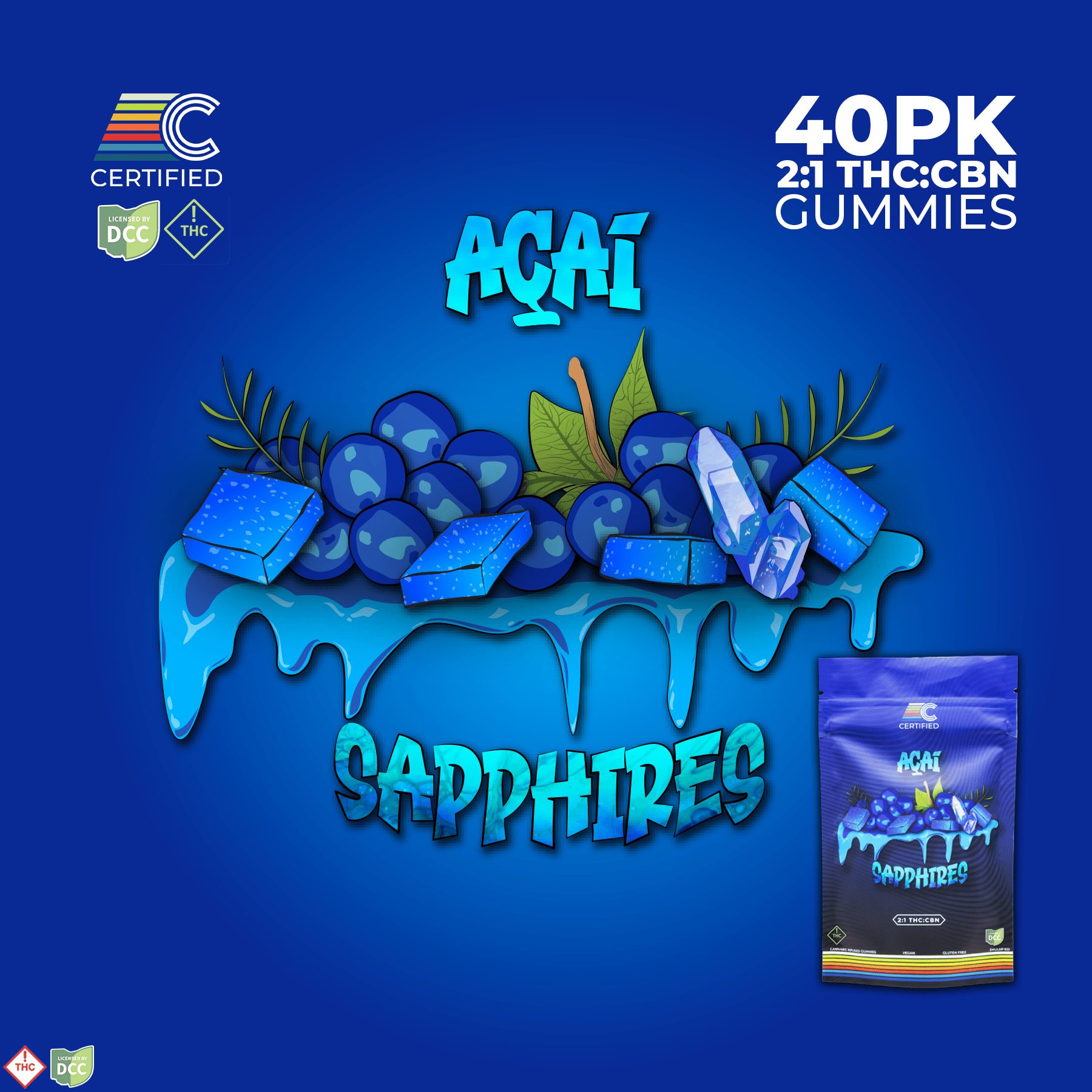 ACAI SAPPHIRE 2:1 CBN GUMMIES - EDIBLE - 40PK - THC: 370.7MG CBD: 0MG ACAI SAPPHIRE 2:1 CBN GUMMIES - EDIBLE - 40PK - THC: 370.7MG CBD: 0MG