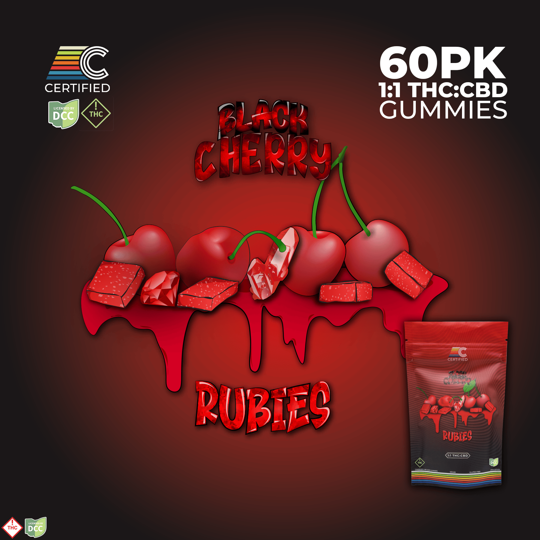 1:1 Black Cherry Ruby Gems [60pk] (330mg CBD/330mg THC)