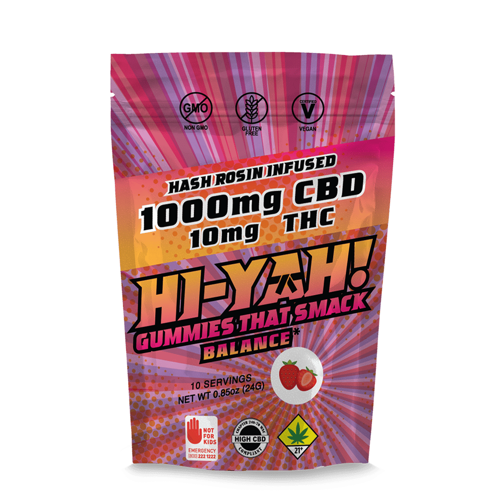 100:1 Strawberry Gummies [10pk] (1000mg CBD/10mg THC) by HI-YAH