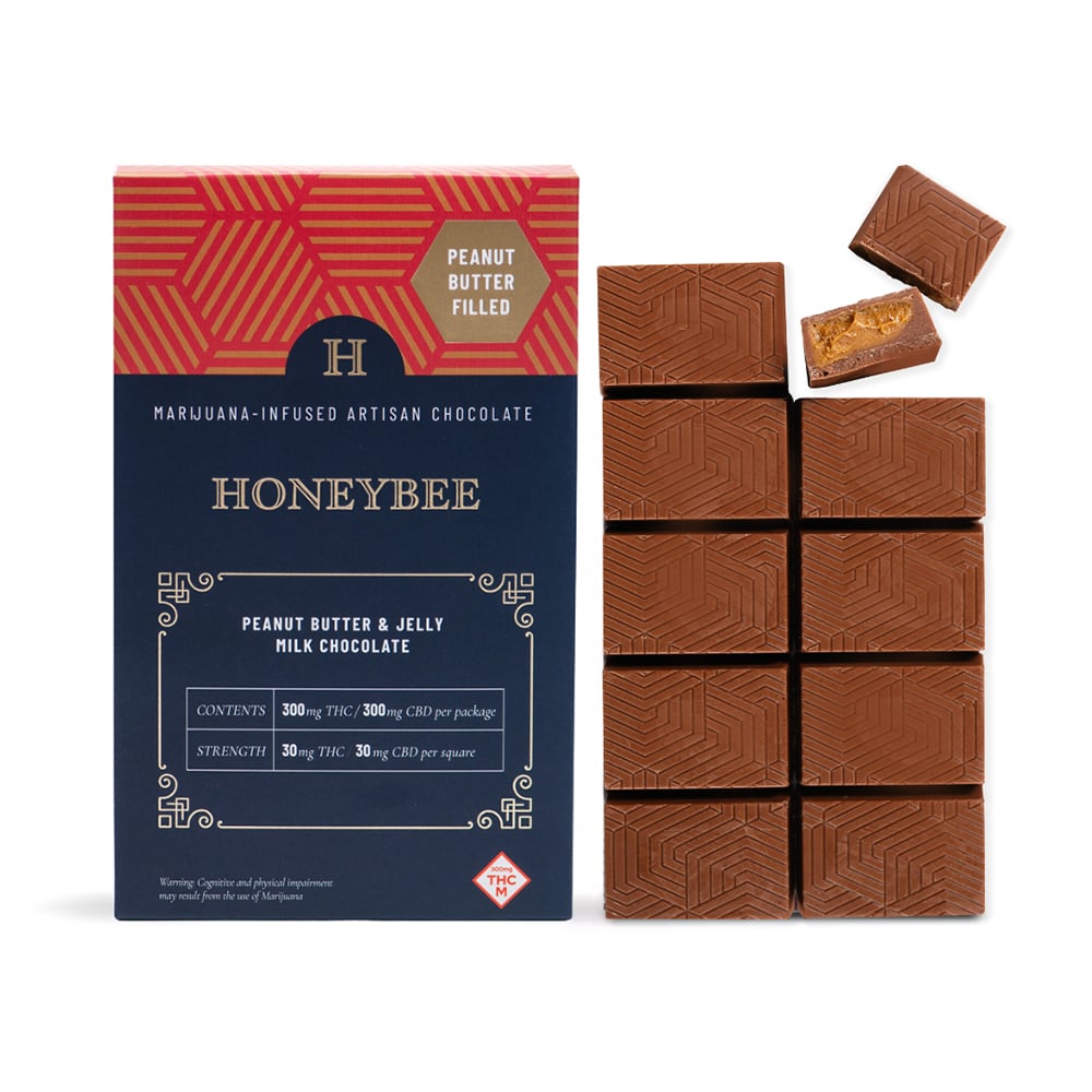 High Potency Peanut Butter & Jelly 1:1 Milk Chocolate [10pk] (300mg CBD/300mg THC) by Honeybee