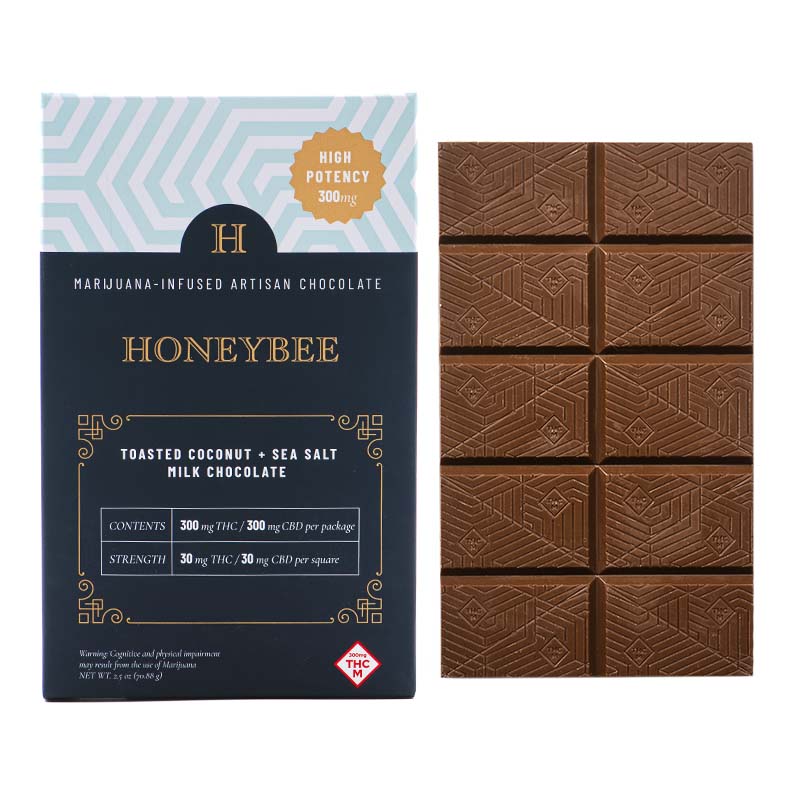 High Potency Toasted Coconut + Sea Salt 1:1 Milk Chocolate [10pk] (300mg THC/300mg CBD) by Honeybee