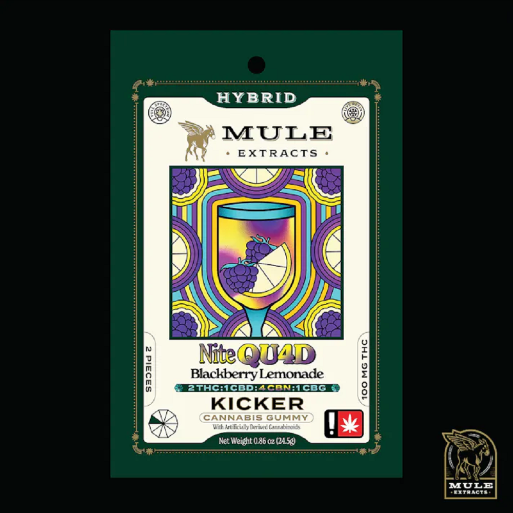 100mg 2-Piece Blackberry Lemonade "The Nite QUAD" 2:1:4:1 THC CBD CBN CBG Kicker by Mule Extracts
