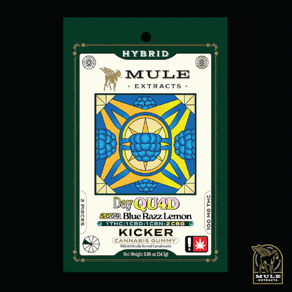 100mg 2-Piece Sour Blue Razz Lemon "The Day QUAD" 1:1:1:2 THC CBD CBN CBG Kicker by Mule Extracts