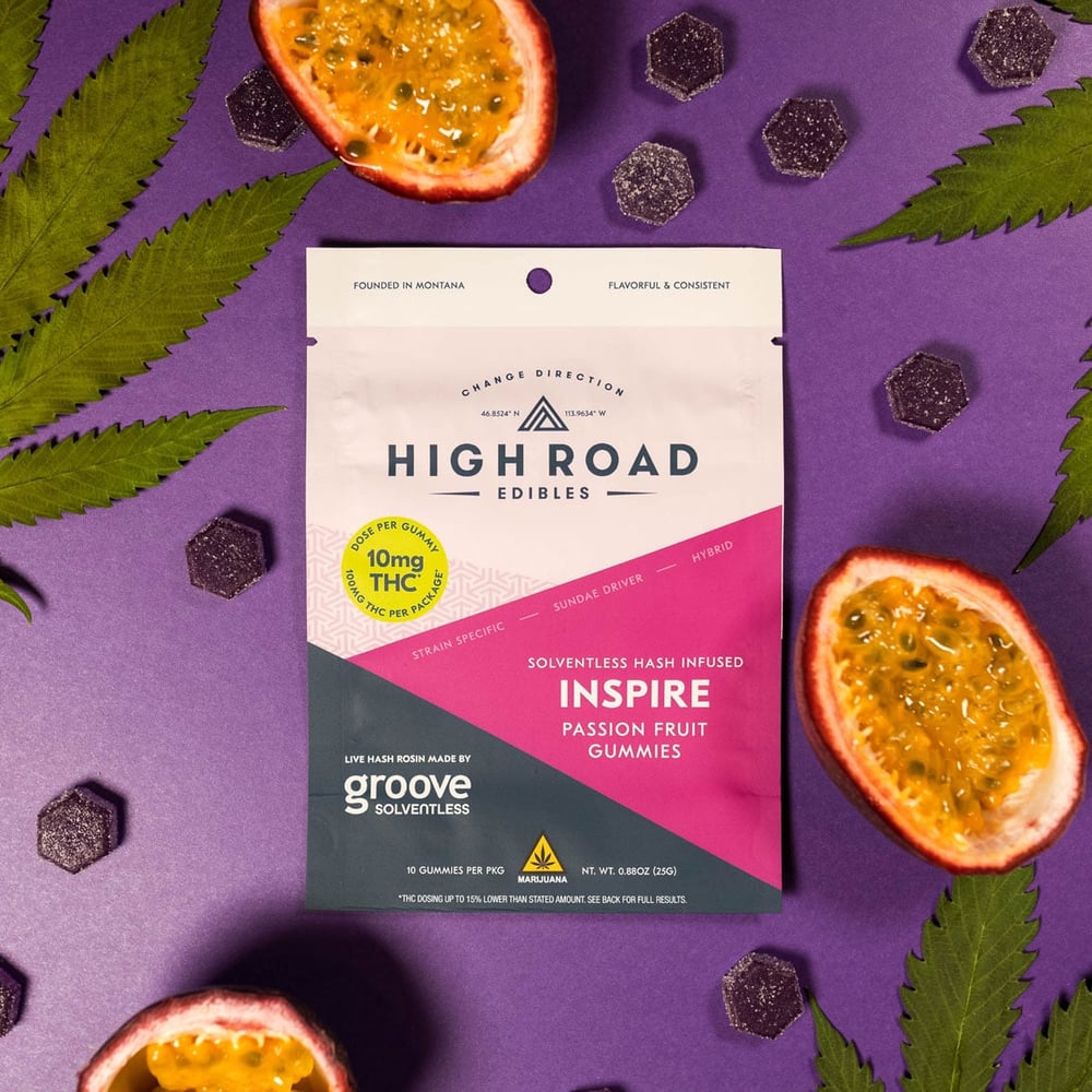 Passion Fruit Inspire Sovlentless Live Rosin Gummies, 100mg 10-pack by High Road Edibles