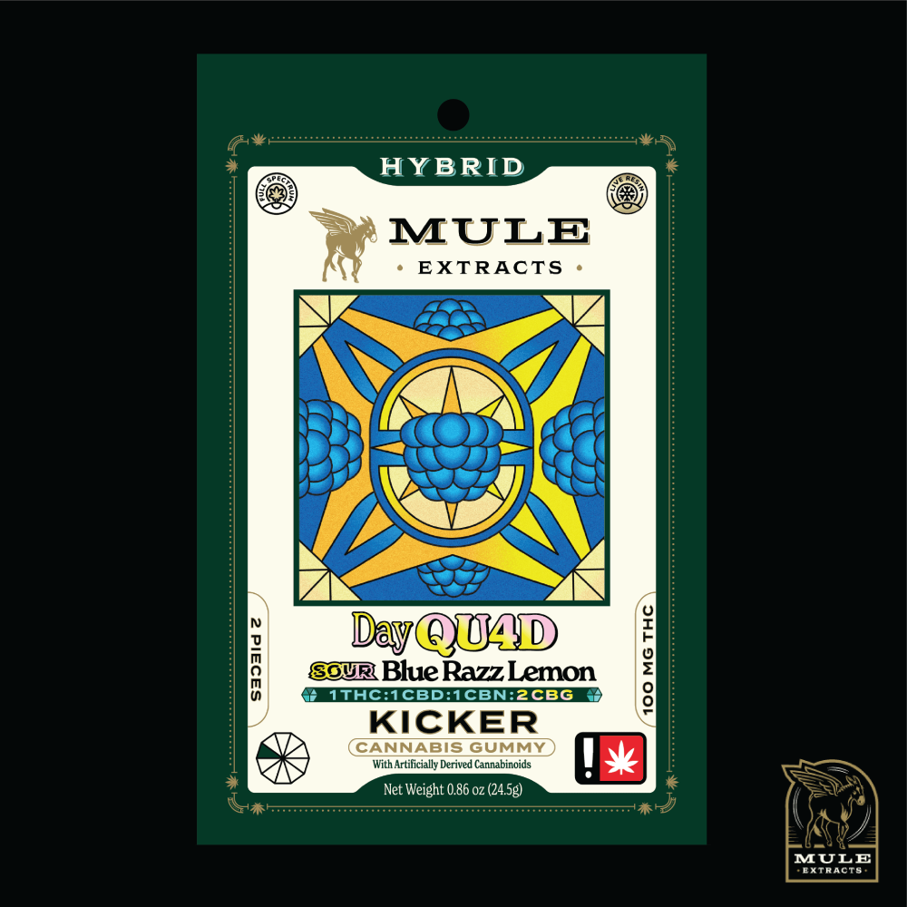 100mg 2-Piece Sour Blue Razz Lemon "The Day QUAD" 1:1:1:2 THC CBD CBC CBG Kicker by Mule Extracts