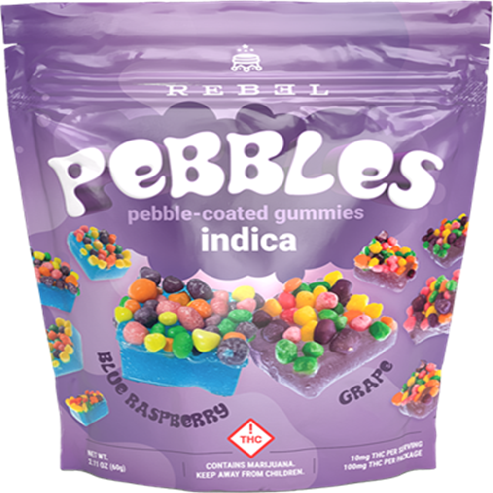 P. Coated Gummy - Blue Raspberry + Grape - Indica[10pk] (100mg) by Rebel Edibles in United States