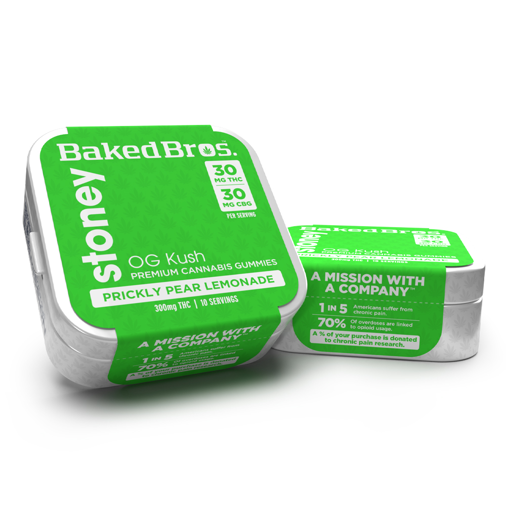 Baked Bros Stoney: 300mgTHC : 300mgCBG : Prickly Pear Lemonade Gummies (OG Kush) (10pk) by Baked Bros™