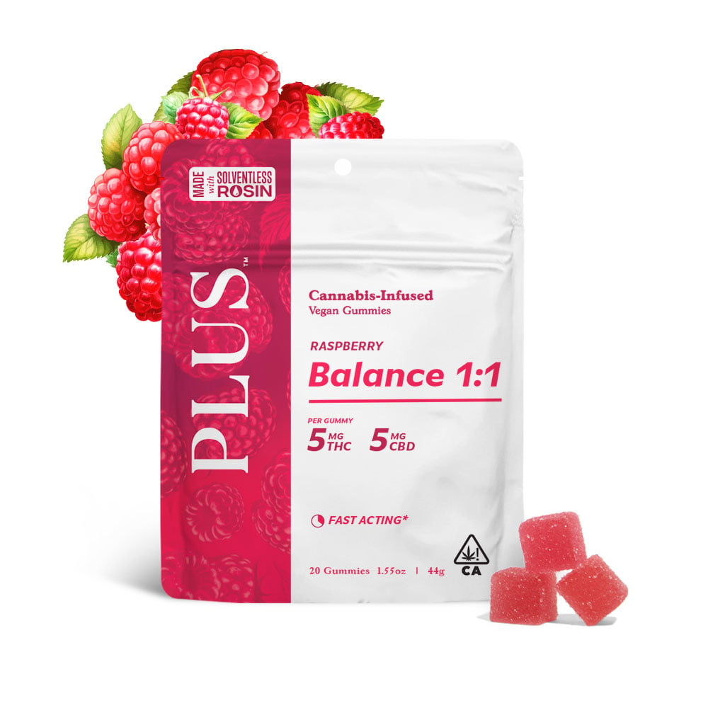 Raspberry Balance 1:1 [Solventless Rosin 20pk] (100mg CBD/100mg THC) by Plus Products