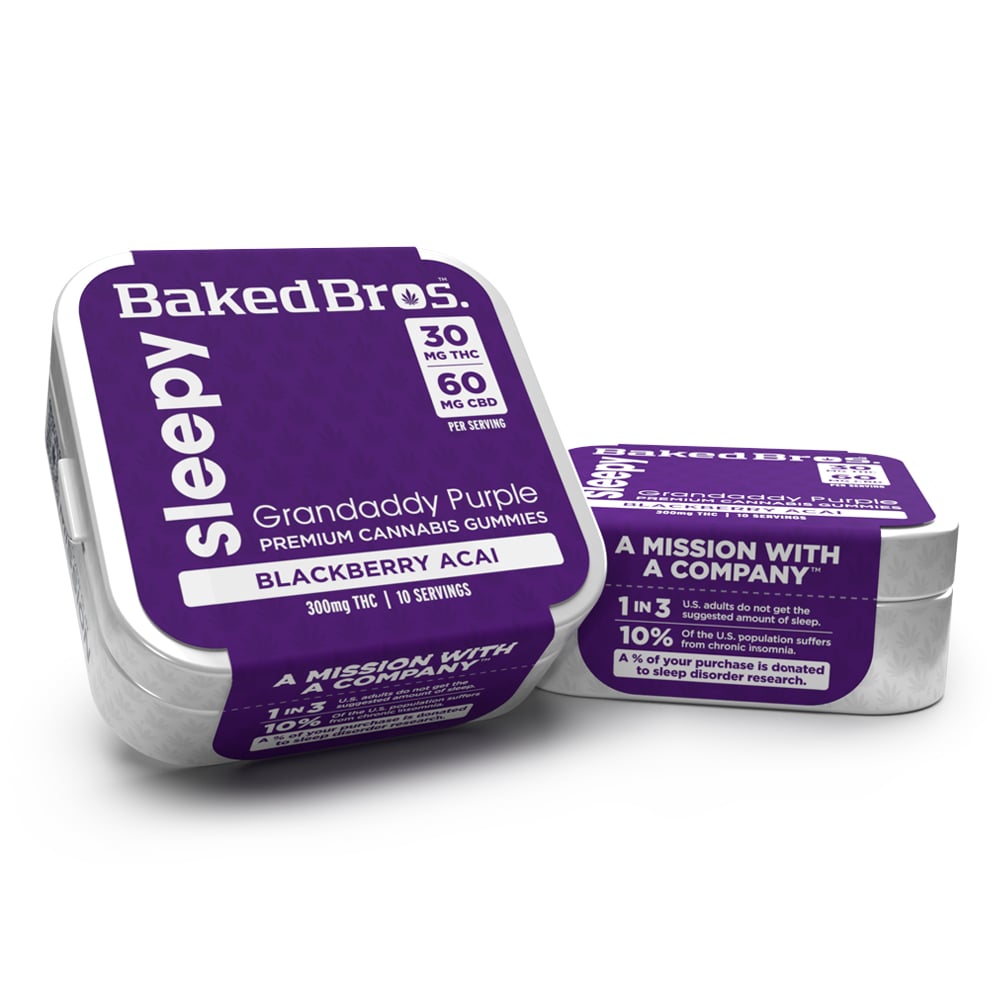 Baked Bros Sleepy: 300mgTHC : 600mgCBD : Blackberry Acai Gummies (Grandaddy Purple) (10pk) by Baked Bros™