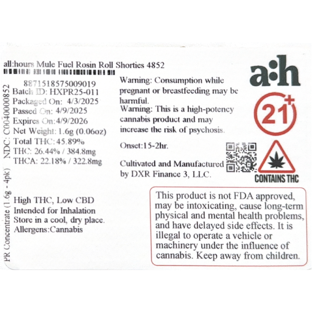 all:hours Mule Fuel Rosin Roll Shorties 4852 by all:hours