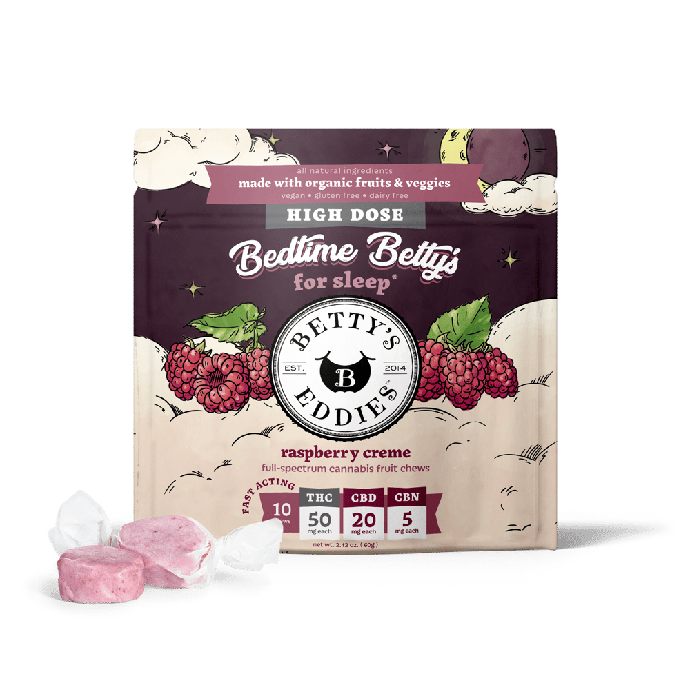Bedtime Betty’s Raspberry Creme [10pk] (500mg THC/200mg CBD/50mg CBN) Sleep Fruit Chews by Betty's Eddies