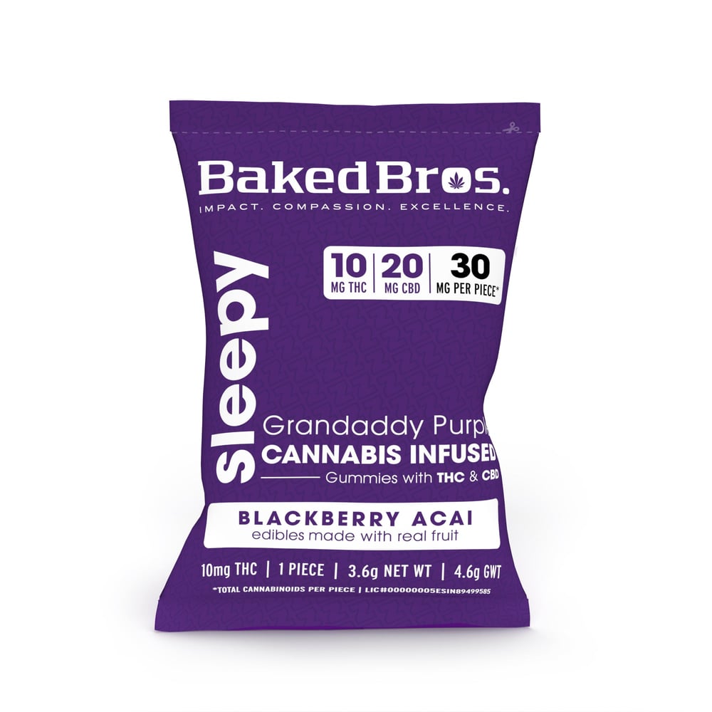 Baked Bros Sleepy: 10mgTHC : 20mgCBD : Blackberry Acai Gummies (Grandaddy Purple) (1pk) by Baked Bros™