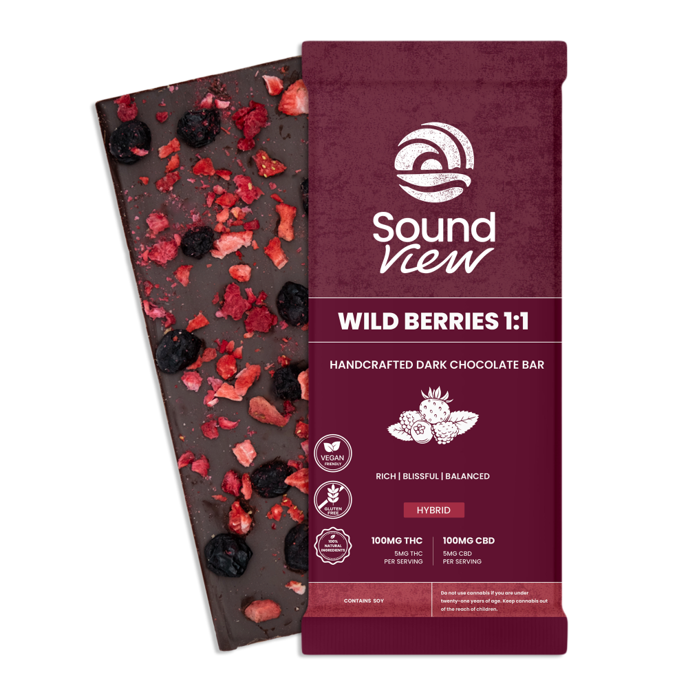 SoundView Wild Berries 1:1 CBD Dark Chocolate Bar T93.6mg C101.4mg H 00279 by SoundView