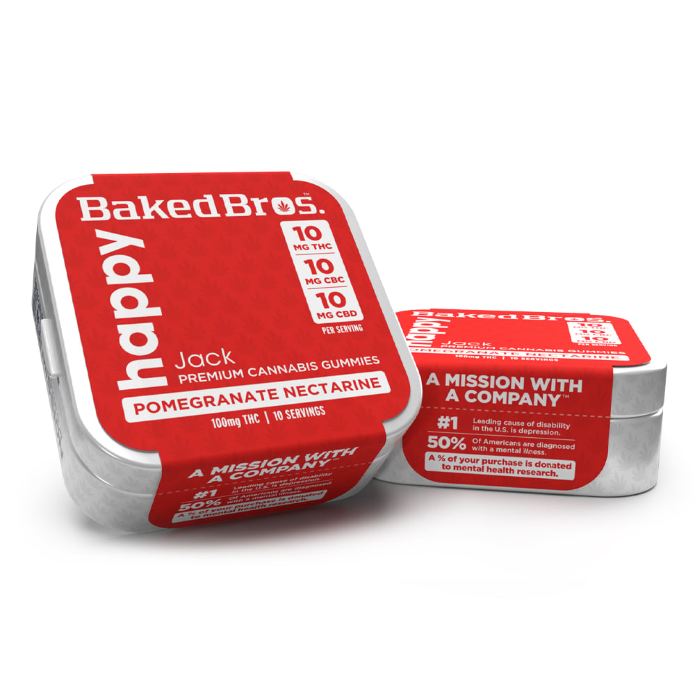 Baked Bros Happy: 100mgTHC : 100mgCBD : 100mgCBC : Pomegranate Nectar Gummies (Jack Herer) (10pk) by Baked Bros™