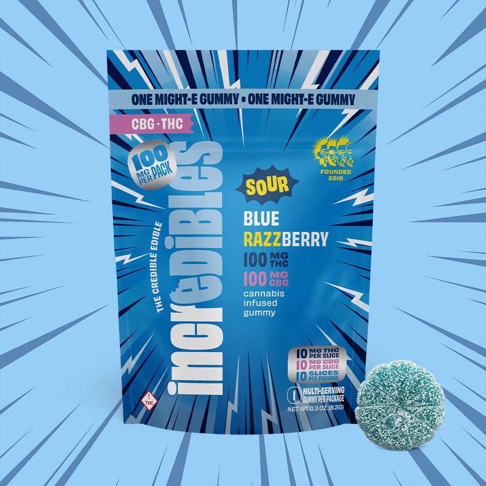 Might-E 1:1 Sour Blue Razzberry + CBG [1pk] (100mg THC/100mg CBG) by incredibles