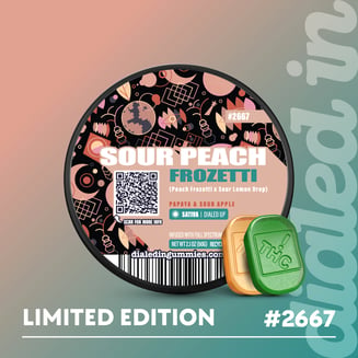 100mg - Sour Peach Frozetti #2667 - Rosin Gummies (10pk) by Dialed In Gummies