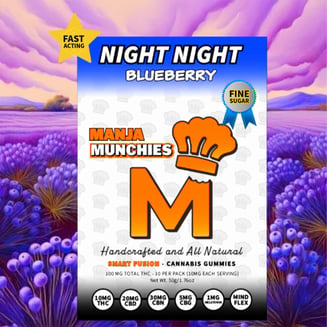 Night Night Blueberry [10pk] (100mg THC/200mg CBD/300mg CBN/50mg CBG/10mg Melatonin) by Manja Munchies