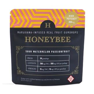 High Potency Sour Watermelon Passionfruit 1:1 Gumdrops [20pk] (300mg THC/300mg CBD) by Honeybee