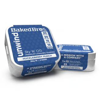 Baked Bros Unwind: 300mg THC : 300mg CBG : 150mg CBC : 150mg CBDV : Huckleberry Punch Gummies (Sky W. OG) (10pk) by Baked Bros™