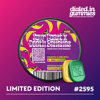100mg - Sour Coast x Death Bananas #2595 - Rosin Gummies (10pk) by Dialed In Gummies