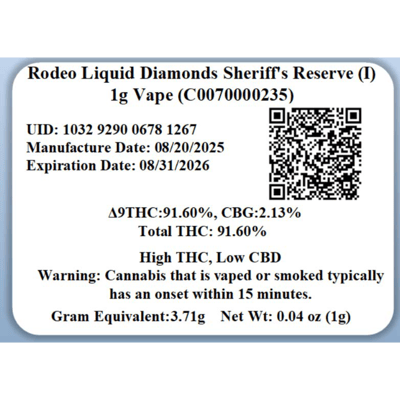 Shop Rodeo Liquid Diamonds Sheriff's Reserve (I) 1g Vape (C0070000235) |  Budr
