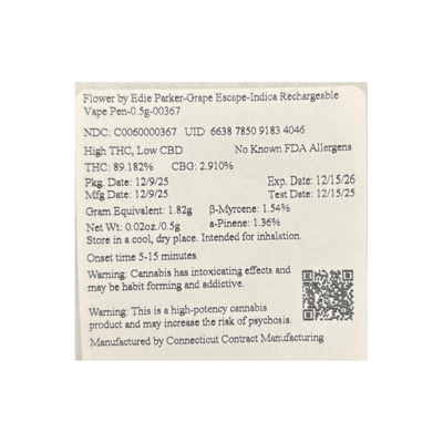 Shop Flower By Edie Park-Grape Escape-Indica Rechargeable Vape Pen 0.5g -  00367 | Budr - Montville (Medical) Dispensary Montville, CT