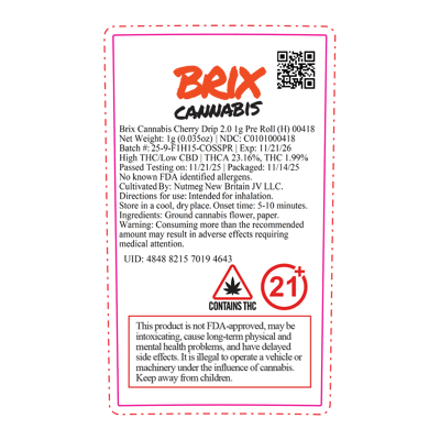 Shop Brix Cherry Drip Pre-Rolls 22.30% H 00418 2pk | Budr