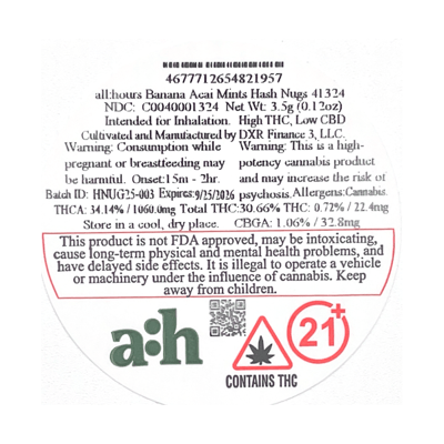Shop A:H Banana Acai Mints Hash Nugs 30.66% S 01324 3.5g | Venu