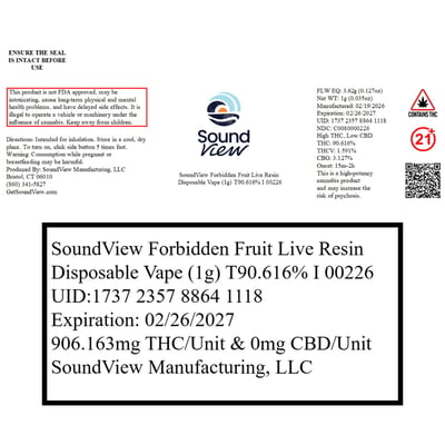 Shop SoundView Forbidden Fruit Live Resin Disposable Vape (1g) T90.616% I  00226 | Budr Cannabis