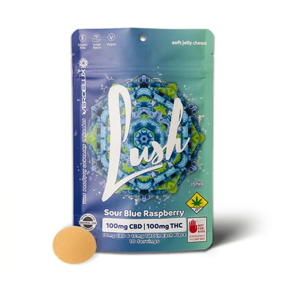 Shop Gummies Lush Sour Blue Raspberry 1:1 (DOHC) Edibles - 10pk 100mg CBD |  100mg THC