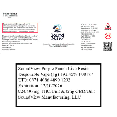 Shop SoundView Purple Punch Live Resin Disposable Vape (1g) T92.45% I 00187  | Budr - Danbury Federal Rd. Dispensary Danbury, CT