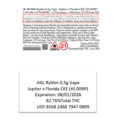 Shop AGL RTM Jupiter x Florida CKE Vape 82.76% H 00991 0.5g | Budr - Vernon  (Medical) Dispensary Vernon, CT