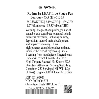 Shop Rythm 1g LEAF Live Sauce Pen Jealousy OG (H) 01375 | Bluepoint  Wellness Dispensary Westport Westport, CT