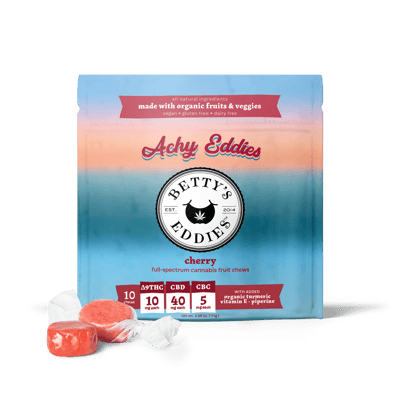 Image 1 for Achy Eddies Cherry [10pk] (100mg THC/400mg CBD/50mg CBC) Pain Relief Fruit Chews, a hybrid product