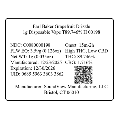 Shop Earl Baker Grapefruit Drizzle 1g Disposable Vape T89.746% H 00198 |  Budr - Danbury Mill Plain (Adult Use) Dispensary Danbury, CT