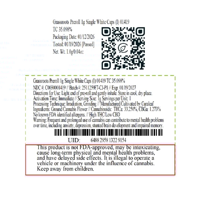 Grassroots - White Caps (I) 1g Pre-Roll 1pk (1g) C0030001419 - Image 2