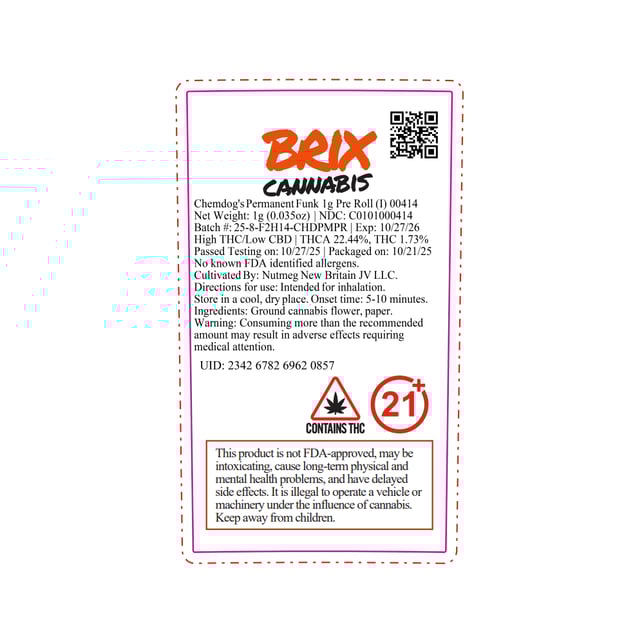 BRIX Cannabis - Permanent Funk (I) 1g Pre-Roll 1pk (1g) C0101000414 - Image 2