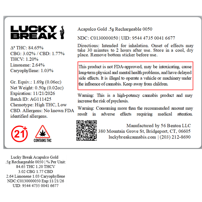 Lucky Break - Acapulco Gold (H) Disposable Vape (0.5g) C0130000050 - Image 2