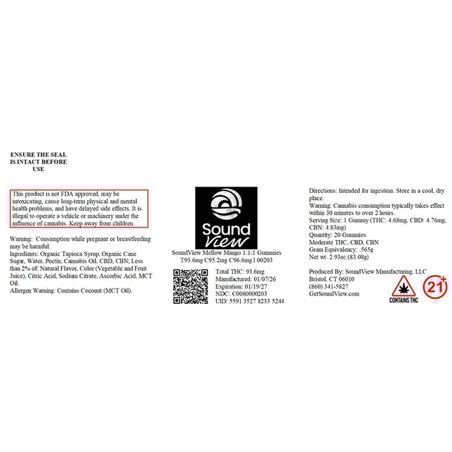 SoundView - Mellow Mango (I) Gummies (4.68mg THC 4.76mg CBD 4.83mg CBN 20pk) C0080000203 - Image 2