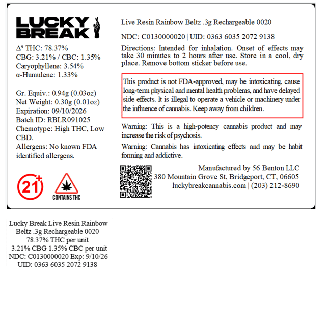 Lucky Break - Rainbow Beltz (H) Live Resin Disposable Vape (0.3g) C0130000020 - Image 4