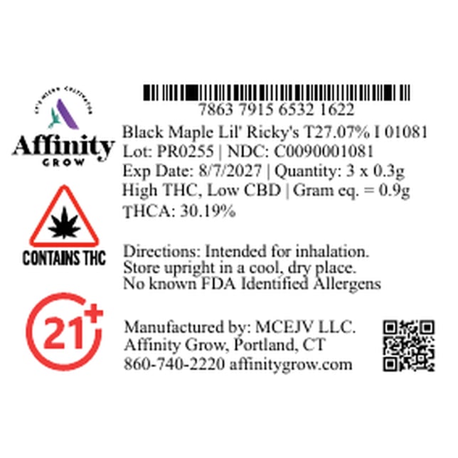 Affinity Grow - Black Maple (I) Lil' Ricky 0.3g Pre-Rolls 3pk (0.9g) C0090001081 - Image 2