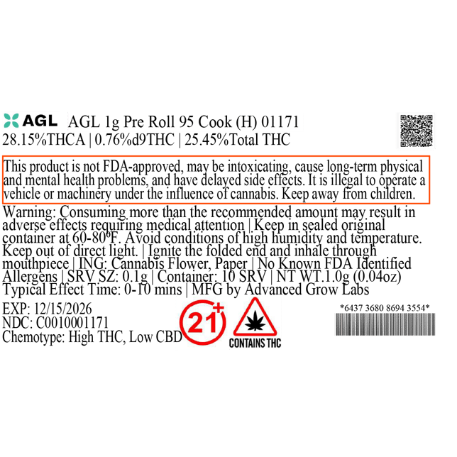AGL - 95 Cook (H) 1g Pre-Roll 1pk (1g) C0010001171 - Image 3