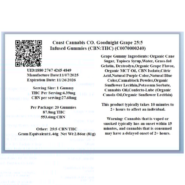 Coast Cannabis Co. - Goodnight Grape (I) Gummies (4.39mg THC 27.68mg CBN 20pk) C0070000340 - Image 2